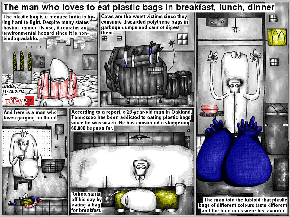 Bob Schroeder | The man who loves to eat plastic bags | in breakfast, lunch, dinner | According to a report, a 23-year-old man in Oakland Tennessee has been addicted to eating plastic bags since he was seven. He has consumed 60.000 bags so far. The man told the tabloid that plastic bags of different colours taste different and the blue ones were his favourite.